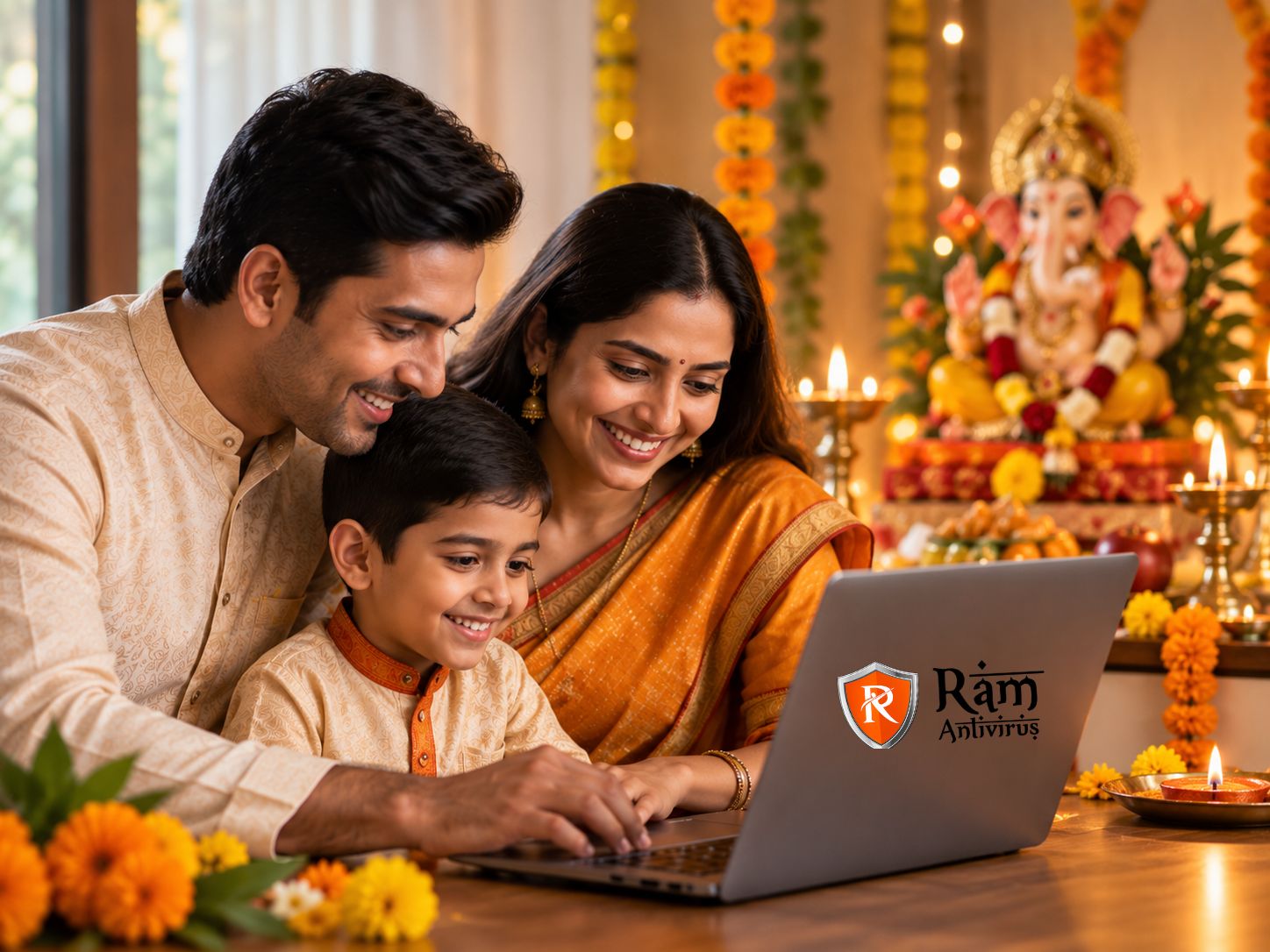 Family celebrating Ganesh Utsav with RAM Antivirus protection
